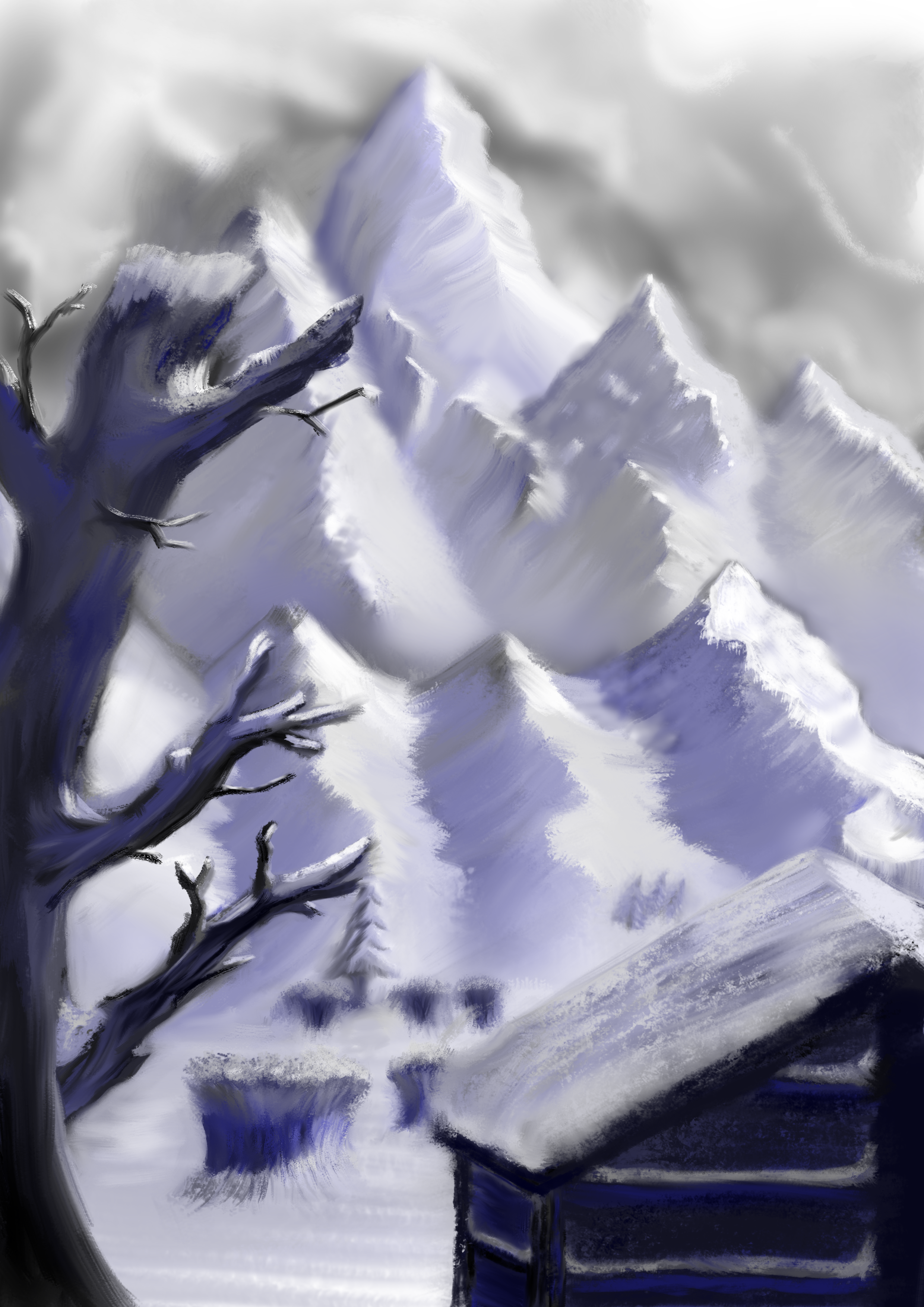 A digital painting made in Krita using only Grey, White, Black, and shades of Blue
