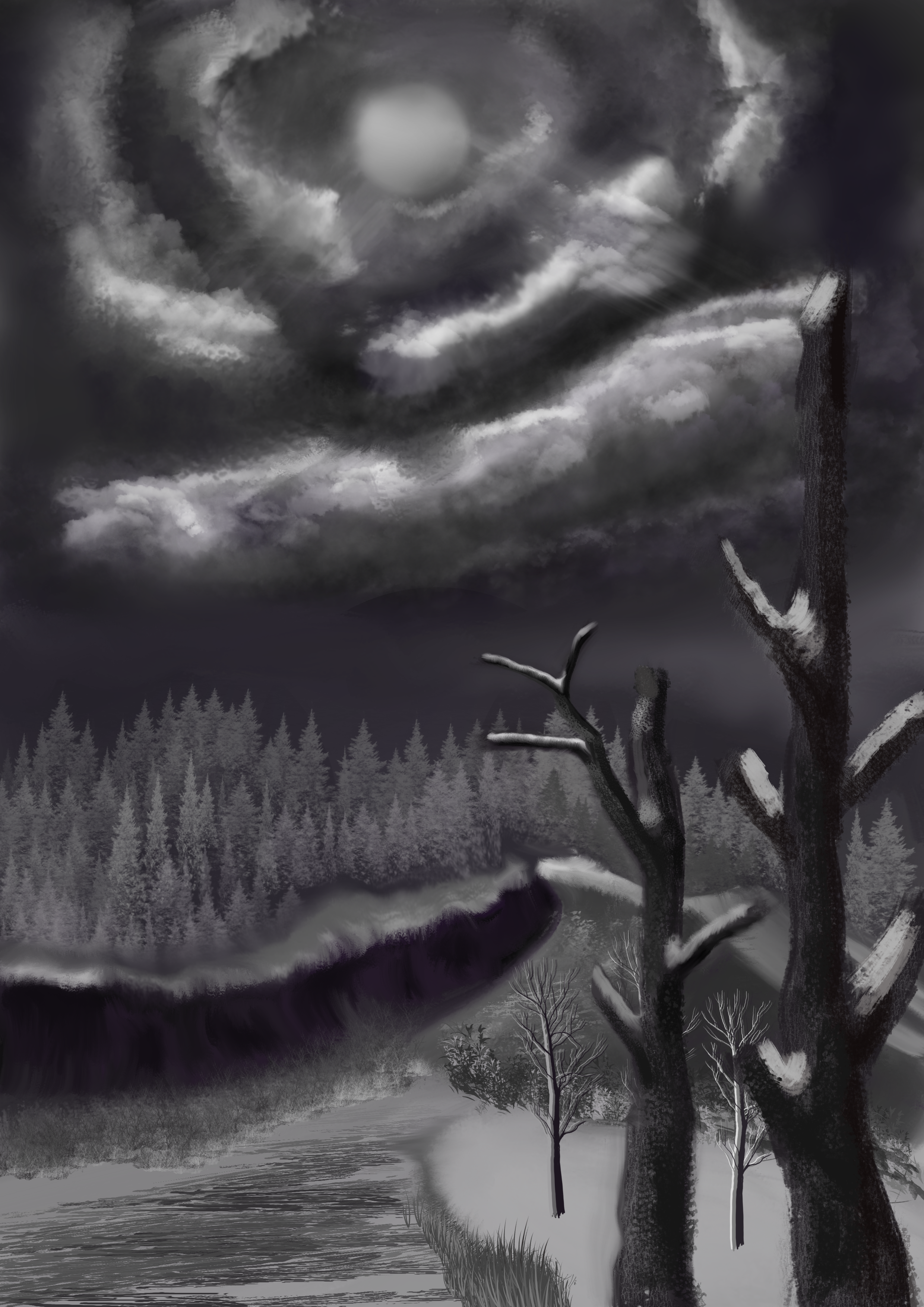 A black and white digital painting of a moonlit night, with snowy trees